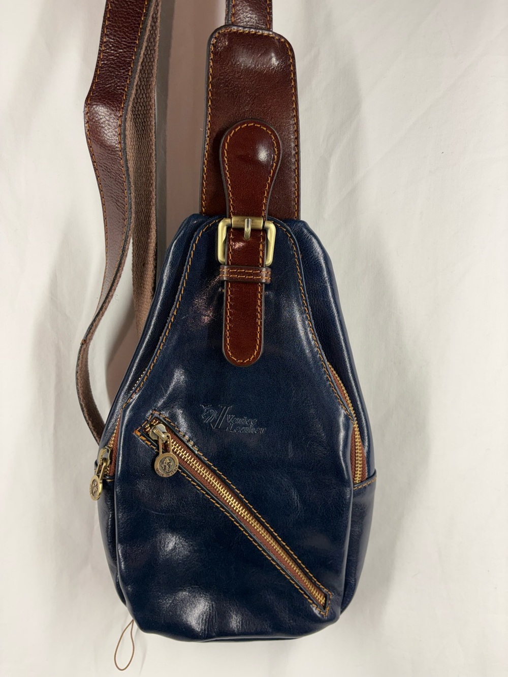 Venice Leather Italy Navy Brown Full Grain Leather Sling Backpack